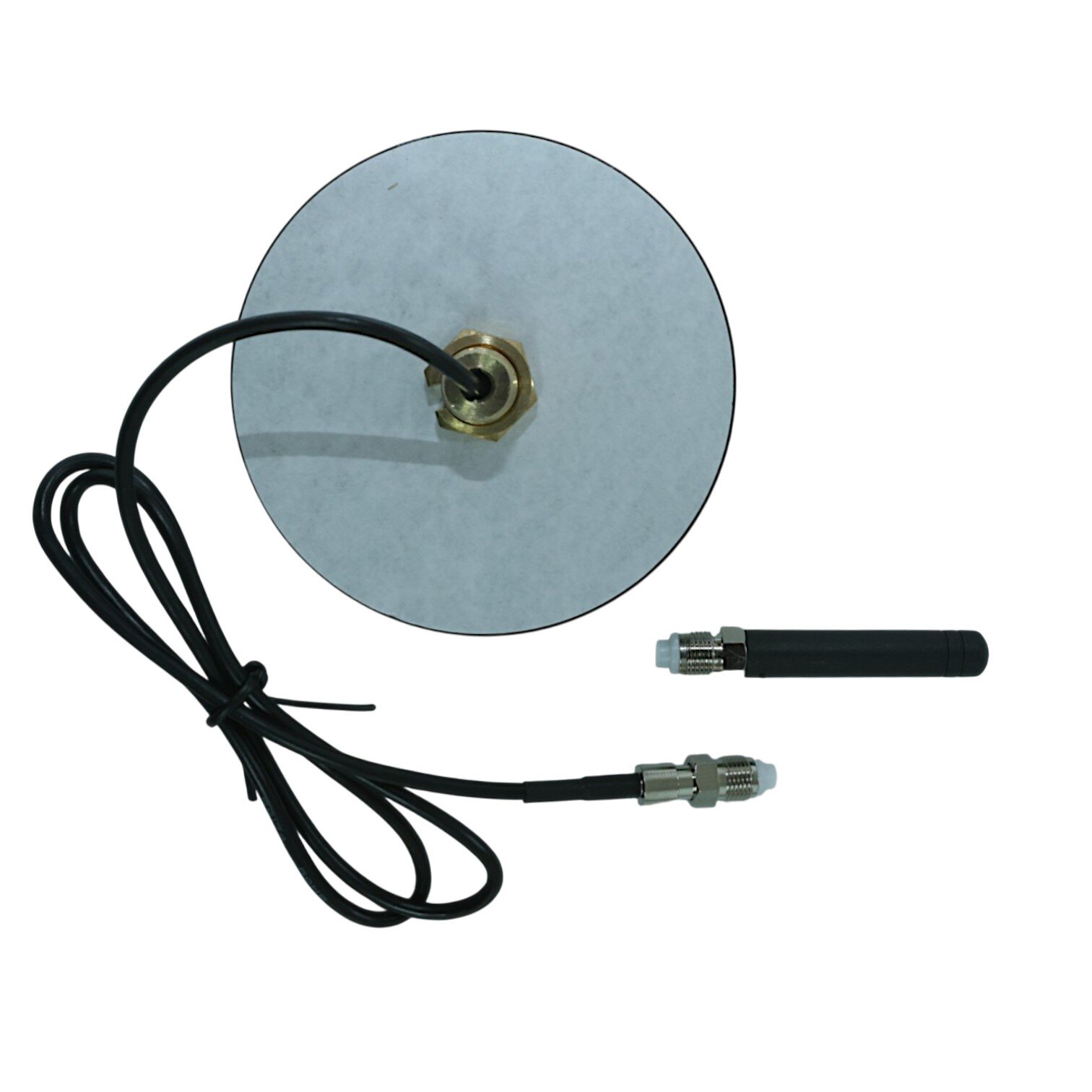 Size comparison: flat patch antenna and short stub antenna side by side.