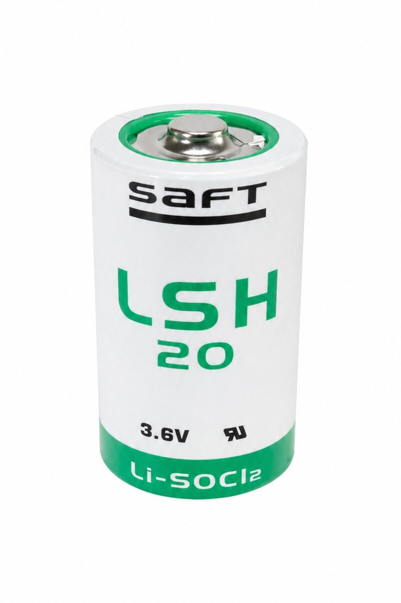 Saft LSH 20, 3.6 V lithium-thionyl-chloride, D-cell. High current capability and a wide temperature range, suitable for TerraTransfer loggers.