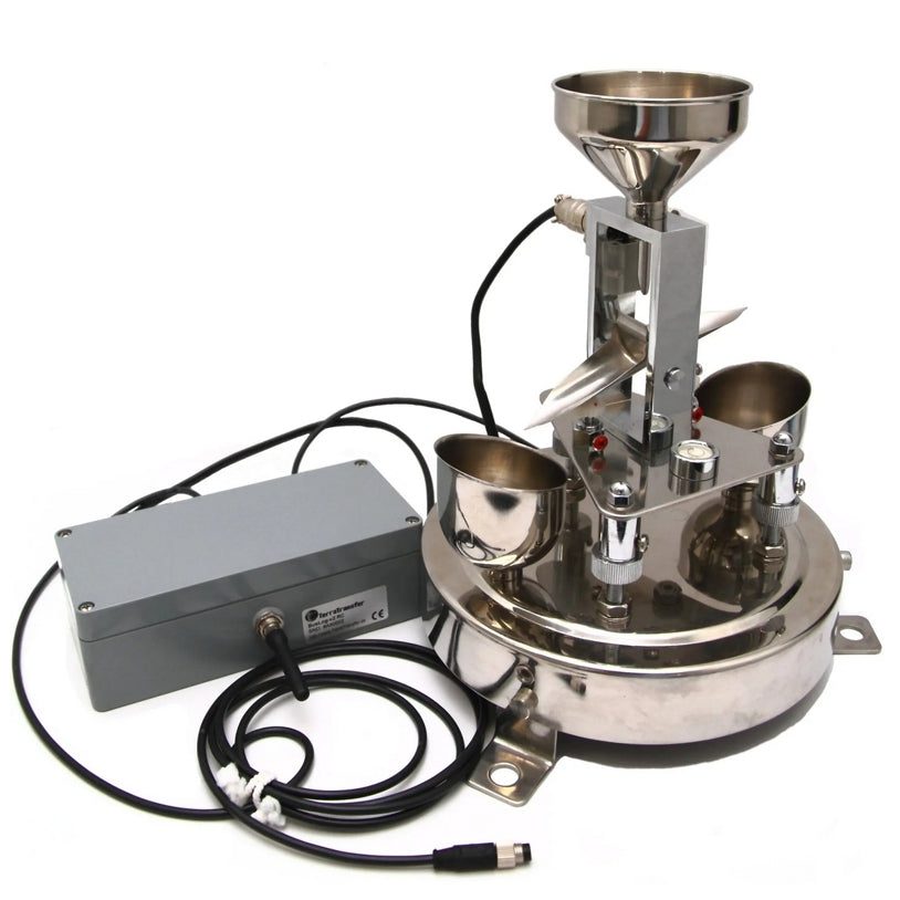 Tipping-bucket TB4 rainfall station with 4G data logger inside an enclosure — stainless funnel, collection cups, replaceable electronics.