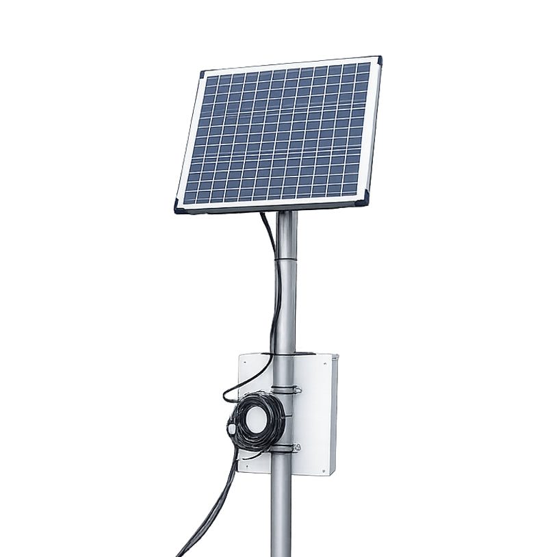 Climate station complete setup: solar panel on mast, IP66 enclosure with Aquatos Web LTX and TriOs Nico multi-parameter sonde.