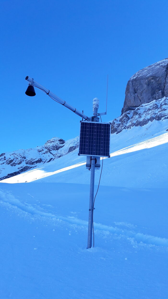 Climate station up close: cup anemometer, radiation shield for temperature and humidity probes, autonomous solar supply.