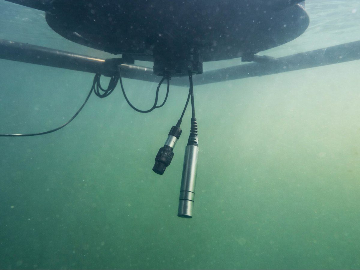 Onderwateropname: druksensor en aansluitkabel aan de onderkant van een meetboei